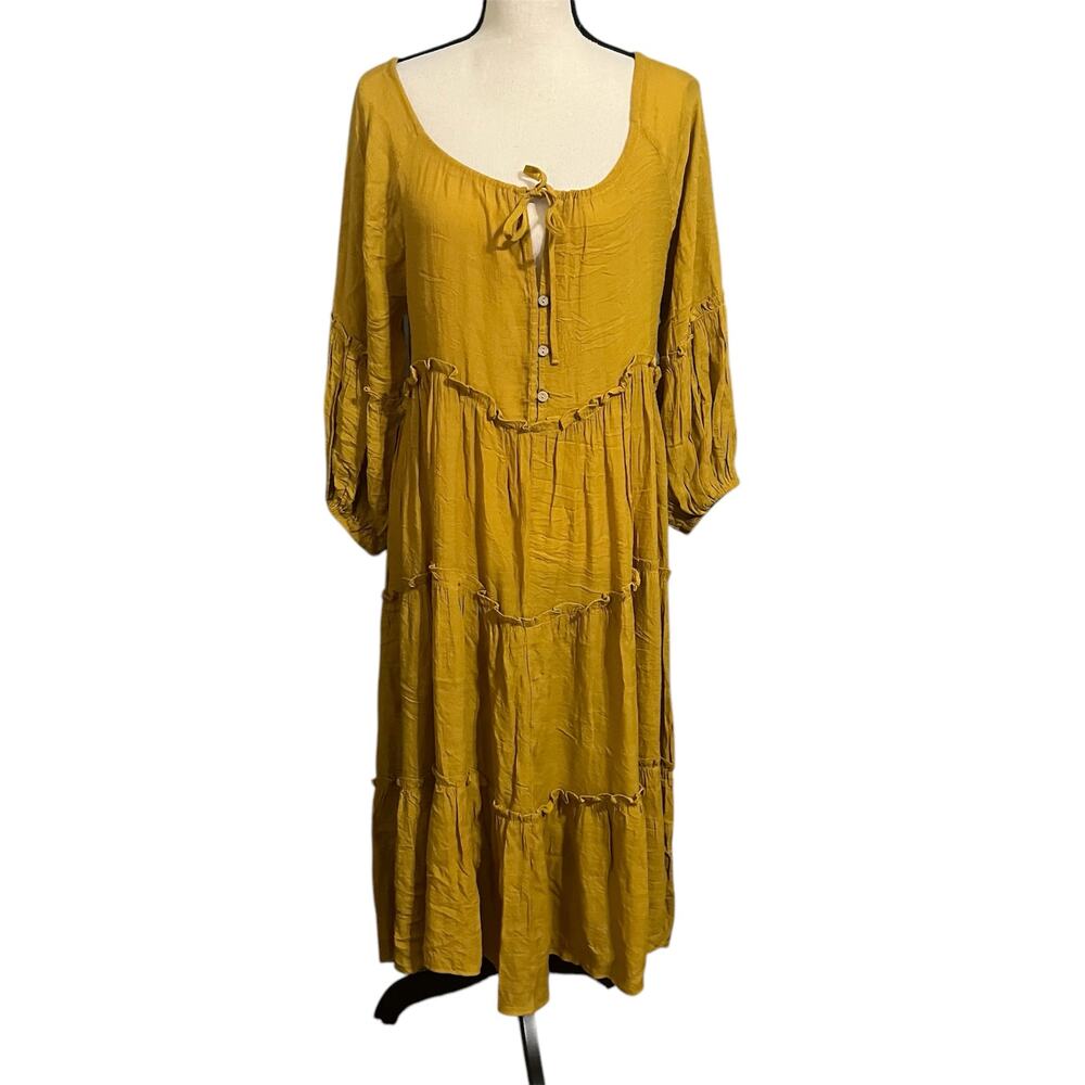 Easel Wmns Yellow Tiered Maxi Dress Sz S Romance Boho Festival Prairie Oversized